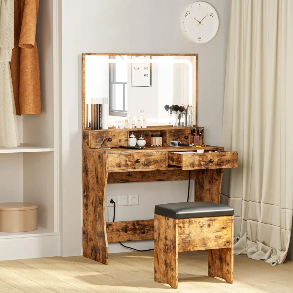 

Vanity Desk with Drawers & LED Lighted Mirror & Power Outlet & Cabinet, Storage Stool, Stylish Bedroom Makeup Table Set,