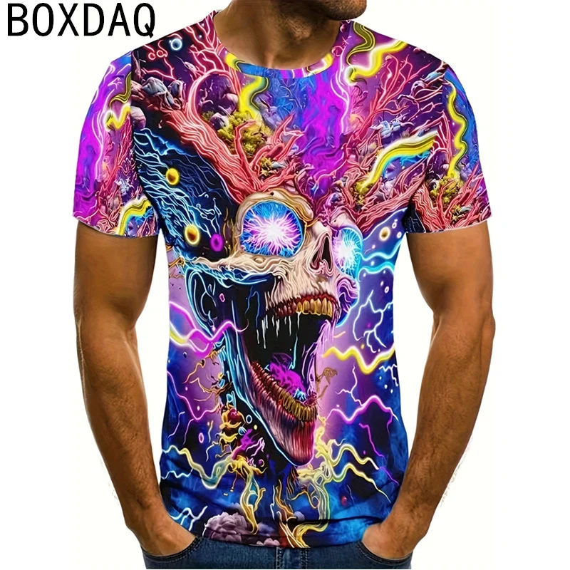 

3D Colorful Exaggerated Skull Head Print T-Shirt Men Hip Hop Personality Tops Summer Short Sleeve O-neck Casual T-Shirt