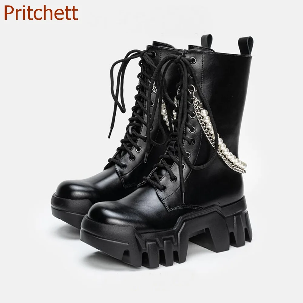 Round Toe Metal Chain Women Boots Mid Calf Cross Tied Fashion Mid Calf Casual Comfortbale Office Women Shoes 2023 New Arrivals