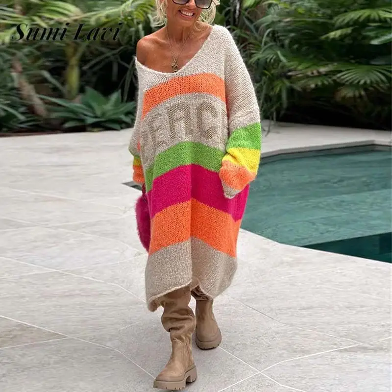 

Casual V Neck Long Sleeve Knitted Dress Fashion Rainbow Stripe Dopamine Women Sweater Autumn Ladies Loose Long Pullover Dresses