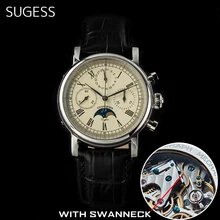 Sugess 남자 시계 ST1908 Swanneck 무브먼트 기계식 크로노 그래프 손목 시계 정품 Moonphase Calendar 빈티지 가죽 NEW 2023