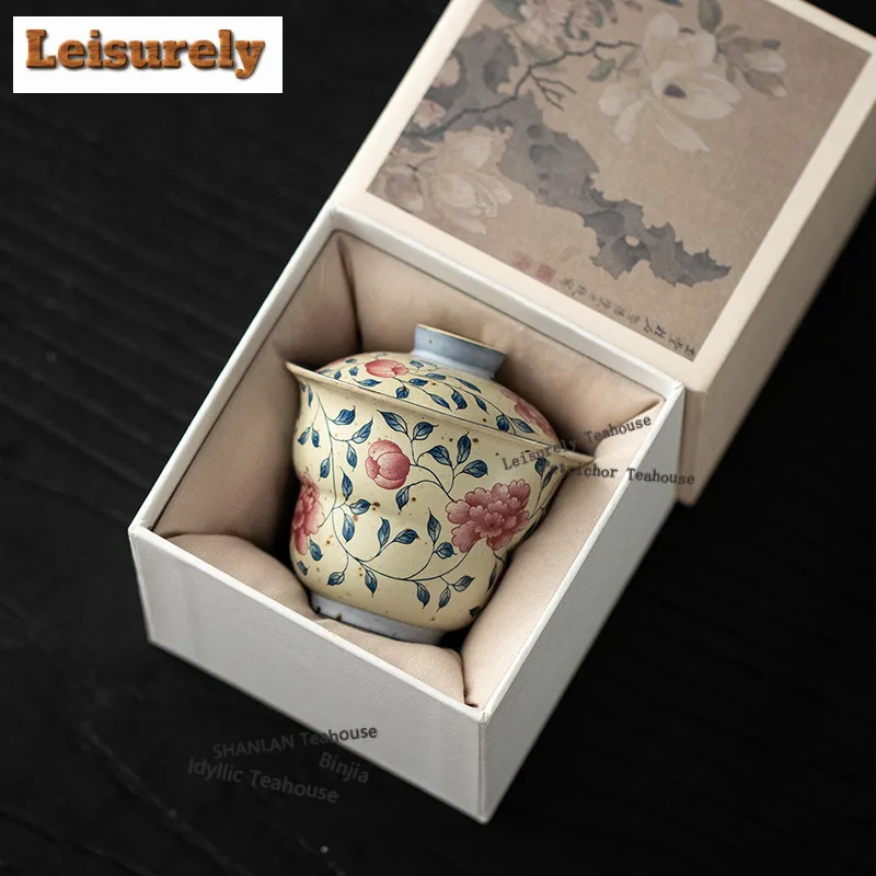 125ML Caramel Glaze Peony Gourd Gaiwan Boutique Tea Tureen Tea Bowl with Lid Kit Tea Maker Cover Bowl Tea Items Ornaments