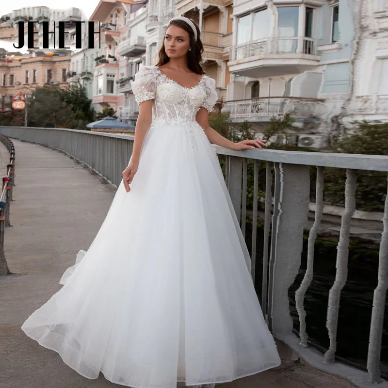 

JEHETH Princess A Line V-Neck Wedding Dress 2024 Short Sleeves Backless Tulle Bridal Gowns Applique Custom Made Vestido De Noiva