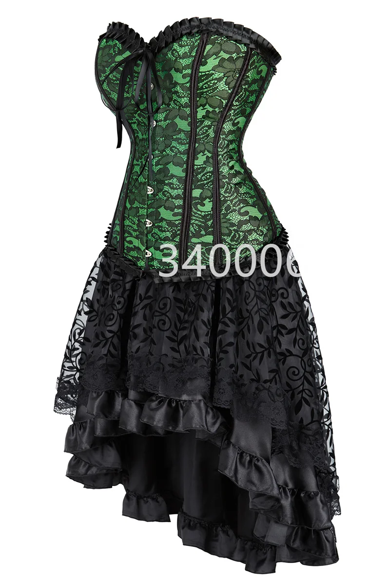 Corset Dress with Skirt Set Sexy High Low Exotic Push up Corsets and Bustiers Flower Print Halloween Costumes Plus Size Red