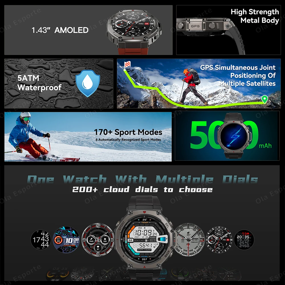 New 2026 Military GPS Waterproof Smart Watch 1.43" AMOLED Built-in 6 Frequency Satellite Outdoors Sports Fitness Smartwatch Men