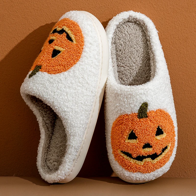 Smile Pumpkin Halloween Women's Slippers Winter Indoor Cartoon Comfort Home Bedroom Soft Causal Flat Plush Shoes for Gift 3