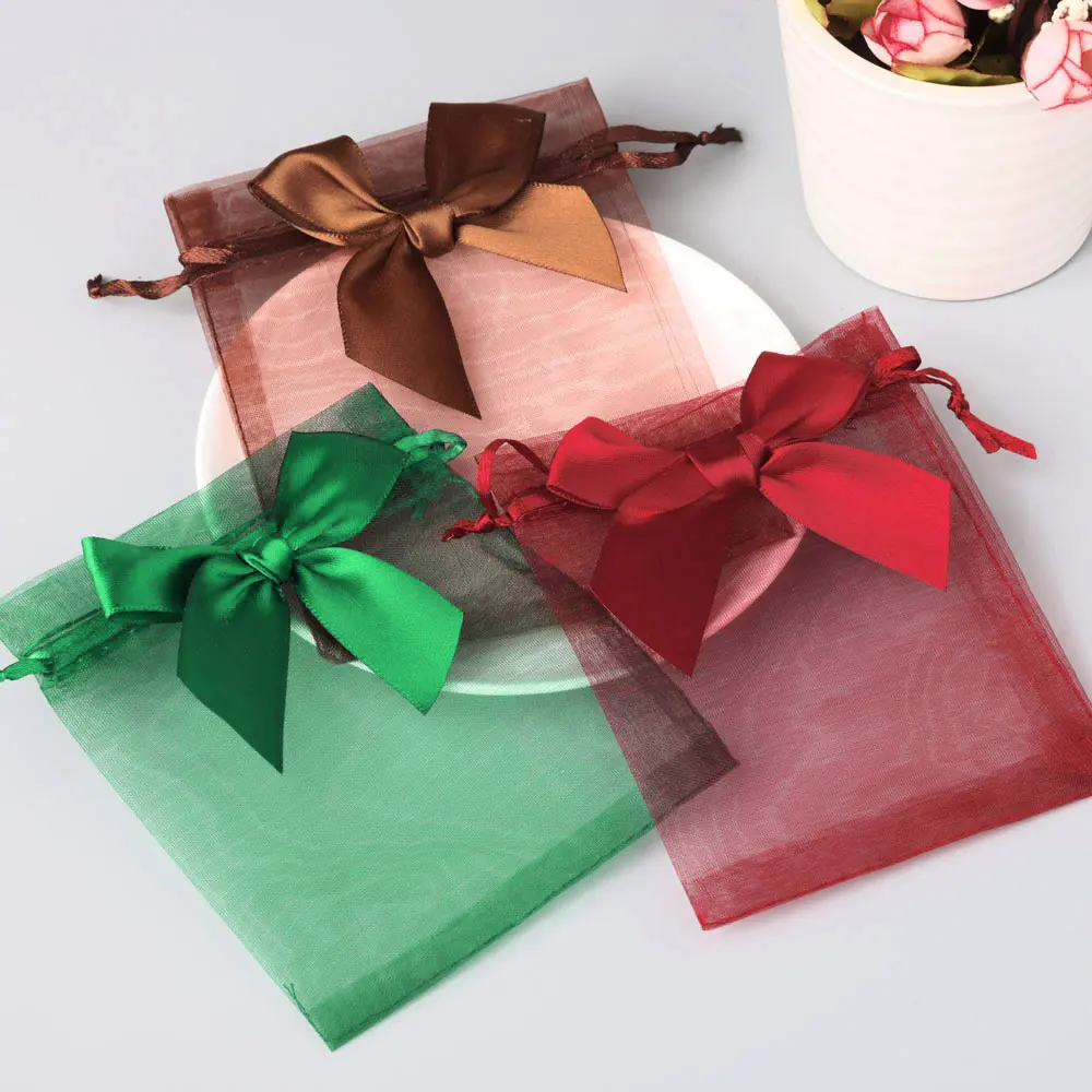 10/20/50pcs/lot New Organza Gift Bag Bowknot Christmas Party Wedding Candy Bags Exquisite Jewelry Packing Drawstring Pouch