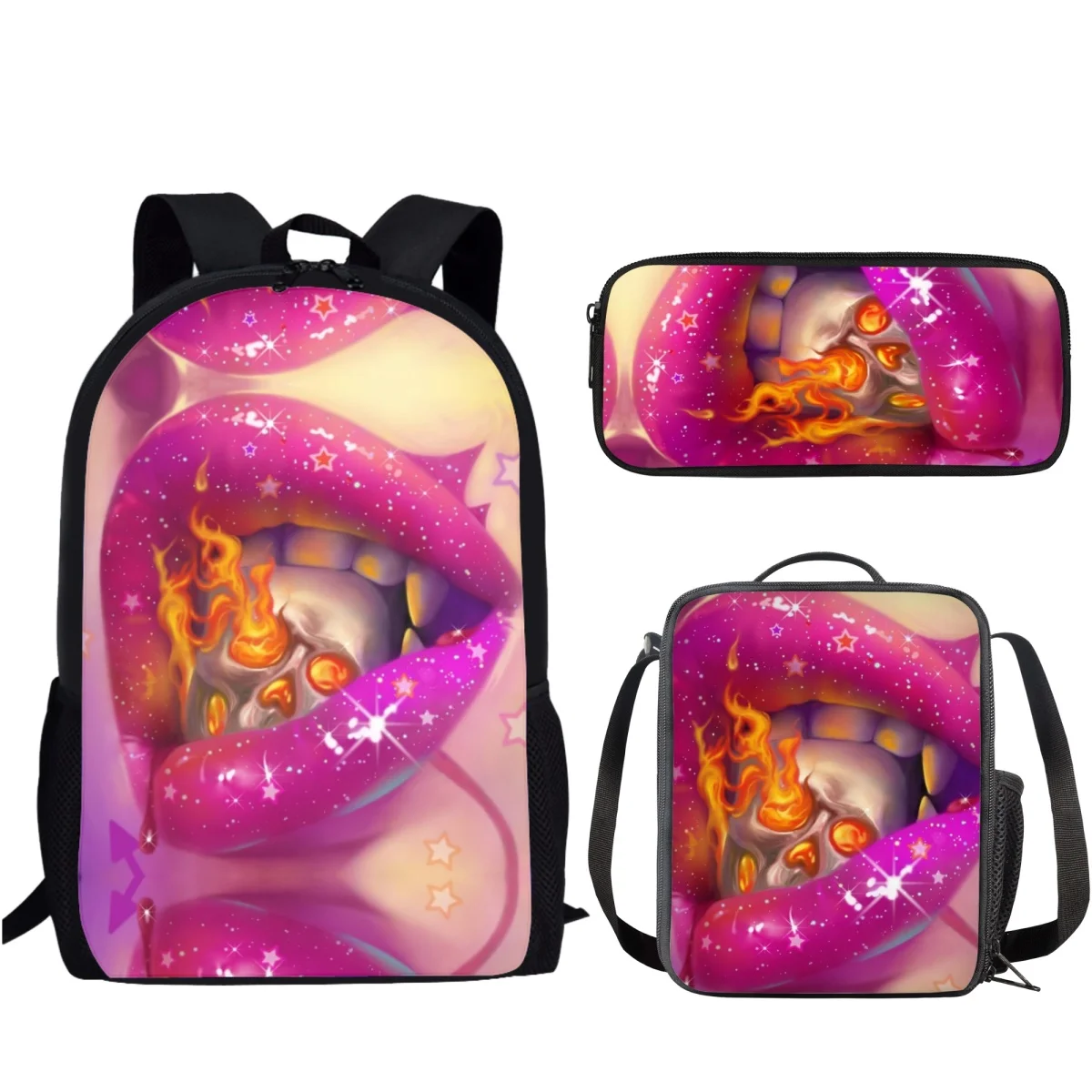 Sexy Lip Design 3Pcs/Set School Bag Causal Backpack for Teenager Girls Boys Student Campus Book Bag with Lunch Bag Pencil Bag