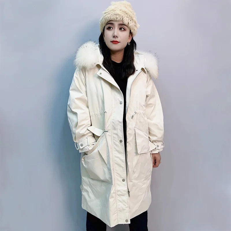 2023 winter Real fur large size down jacket women loose warm big collar X-long hooded coat parka outdoor white duck down jacket