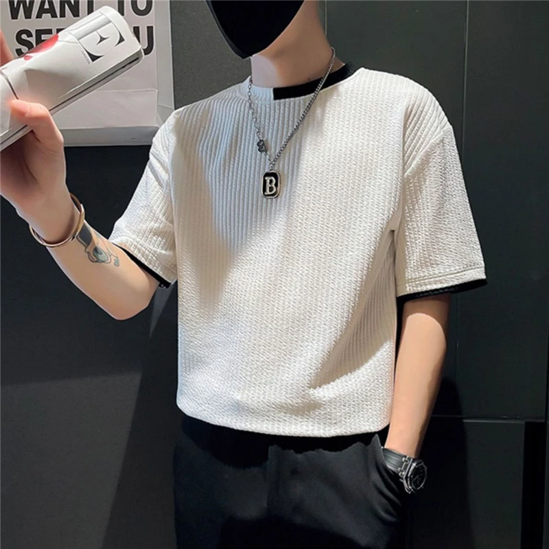 

2023 Summer Korean Style Short Sleeve T Shirt for Men Trendy White Black Loose Tee Casual Streetwear O Neck Tops Y2K Ropa Hombre
