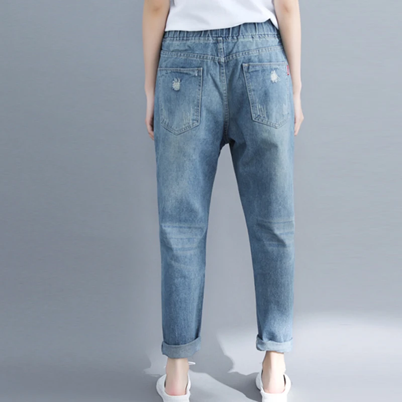 Ripped Hole Jeans Women Spring Fashion Elastic Waist Solid Color Vintage Denim Pants Casual Loose Versatile Ankle Length Trouser