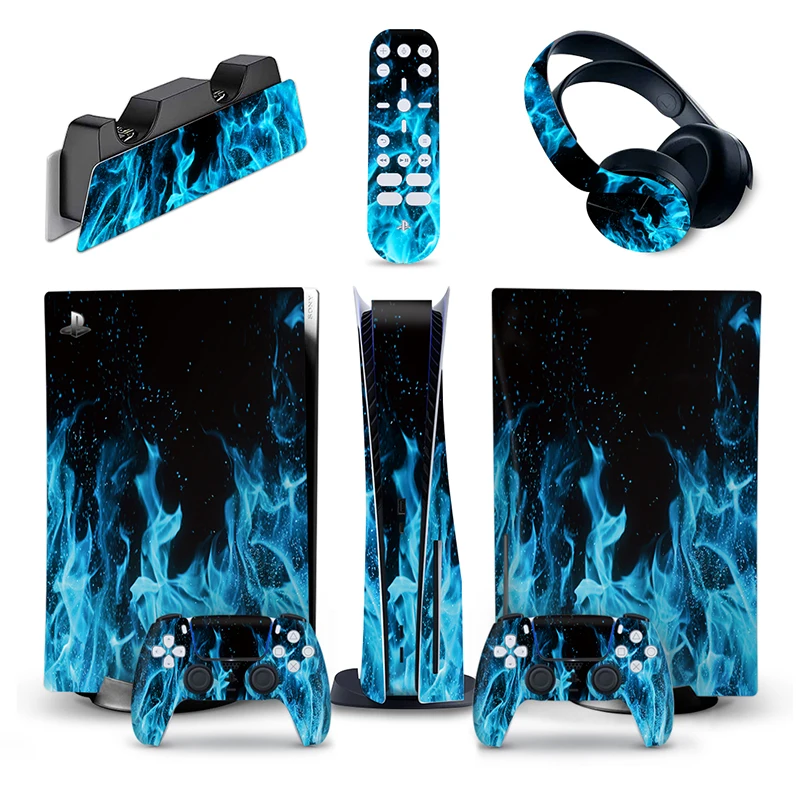 

5 in 1 Fire Style PS5 Disc Edition Skin Sticker Decal Cover for PS5 Standard Disk Console and Controllers PS5 Skin Sticker Vinyl