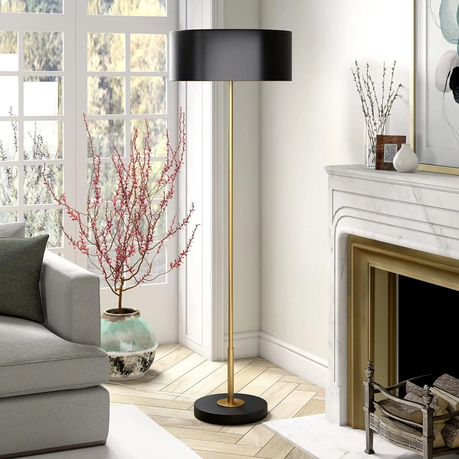 

Hoffman 2-Light/Two-Tone Floor Lamp with Metal Shade in Brass/Blackened Bronze/Black, Floor Lamp Modern, 62.75" Tall