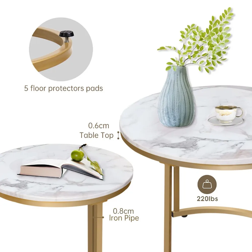 Coffee Table Nesting Round Table Set of 2 Side Table with Sturdy Metal Frame for Living Room Bedroom Apartment Modern 5