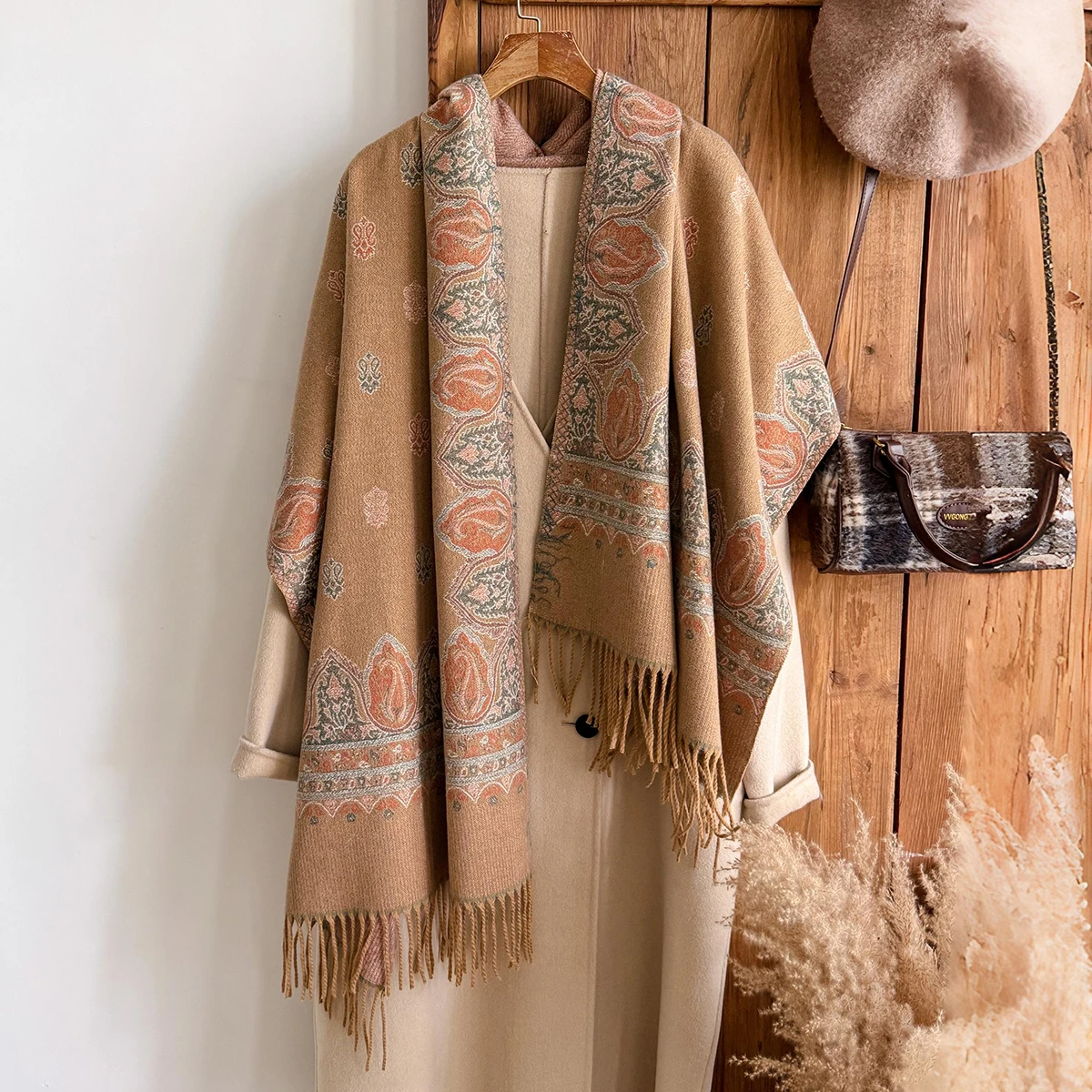 Brand Fashion Women's Winter Warm Cashmere Shawl - Vintage Floral Oil Painting Printed Tasseled Pashmina Thick Wrap