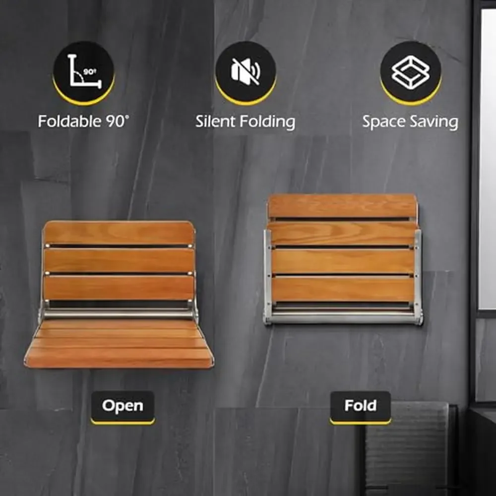 Wall Mounted Folding Shower Seat 400lbs Load-Bearing Rust-Proof Solid Wood Stainless Steel Bathroom Chair Foldable Sauna Bench 3