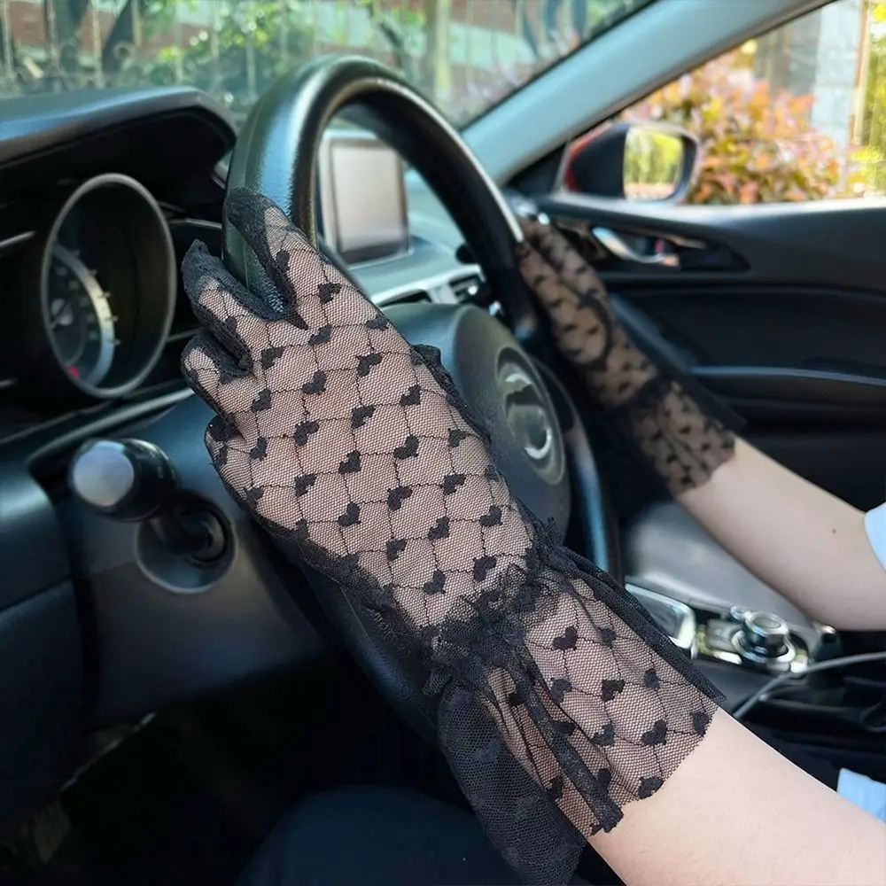 

Солнцезащитные перчатки для сенсорного экрана, модные сетчатые кружевные перчатки с оборками, перчатки с вышивкой в виде сердца для женщин