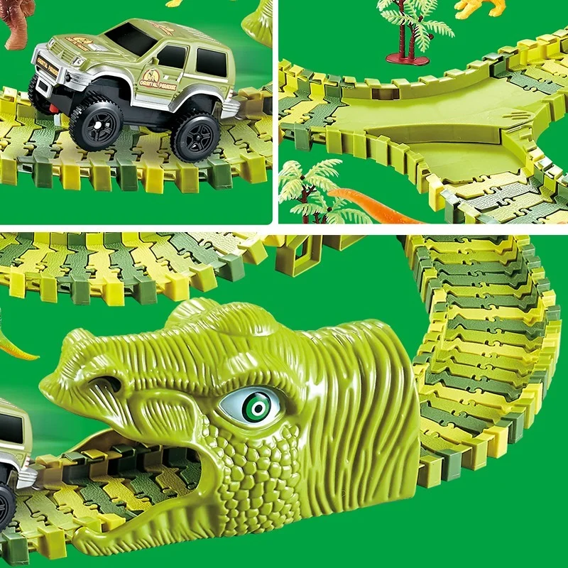 Dinossauro eletrônico pista de corrida ferroviária carro brinquedo jogo  conjunto diy montar curva flexível pista de corrida carro crianças  presentes educativos - AliExpress