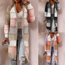 

Comfy Women Cardigan Striped Patchwork Polyester Keep Warm Women Sweater for Dating Wear