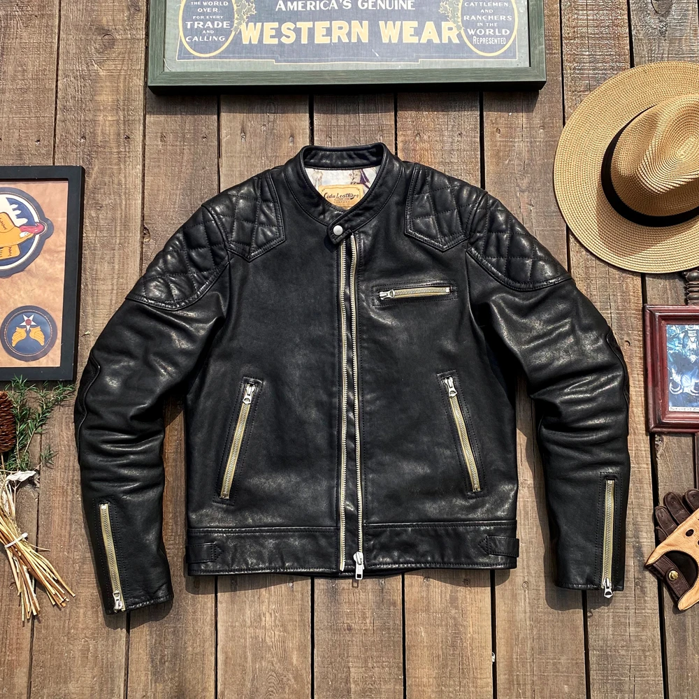 

tough guy!japan vintage wash vegetable tanning head layer cowhide motorcycle jacket leather fur collar short model