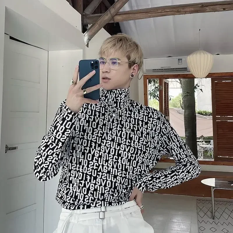 thumbnail image 1 of Ropa para hombre, camisetas ajustadas para hombre, jersey a cuadros, tops ajustados con cuello alto estampado Y2k Harajuku, moda social, manga larga, oferta, 1 of 5
