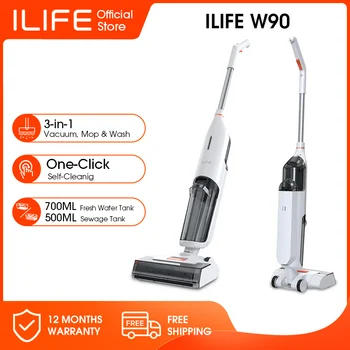 ILIFE W90 무선 습식 건식 세척 스마트 걸레 로봇, 5500Pa 흡입, 1 분 자체 세척, 대형 듀얼 물 탱크