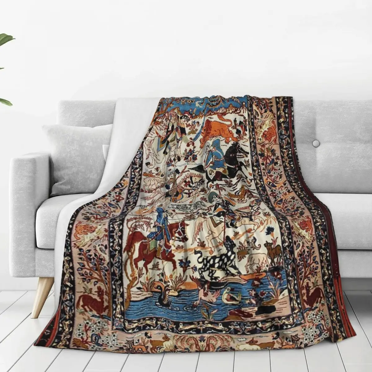 Antique Persian Isfahan Silk Rug With Flowers Animals Blankets Fleece Lightweight Throw Blankets Sofa For Home Throws Bedspread 2