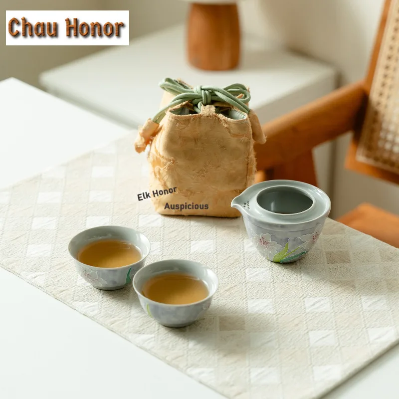 Misty Purple Pure Hand-painted Lily Travel Tea Set Kit Traditional 1 Pot 2 Cups Tea Making Organizer Portable Picnic Stock Bags