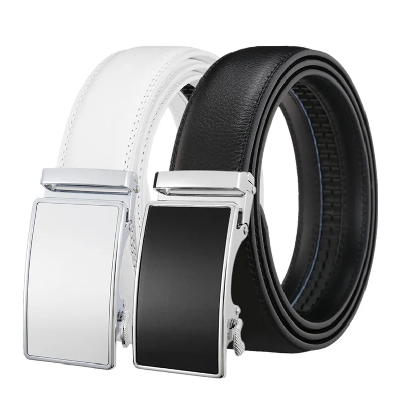 

LannyQveen New Genuine Leather Belt Cowskin Men's Automatic buckle belts black white cowhide Belt for men High quality