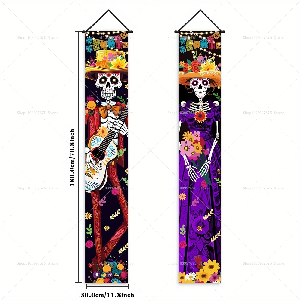 Halloween Dia De Los Muertos Decorative Porch Banners - Day of the Dead Hanging Decor for Indoor and Outdoor Walls