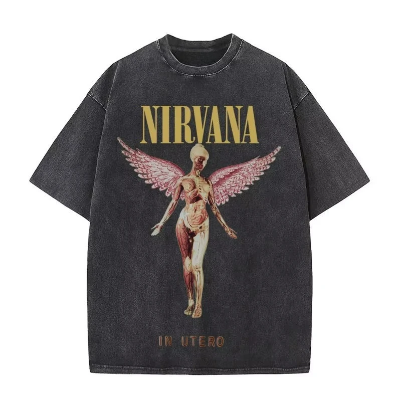 Herren Retro Baumwoll-T-Shirt im Used-Look, In Utero Album, Damen Oversize Y2K Distressed T-Shirt, Nirvana Rockband, Lässige Loose-Fit Streetwear