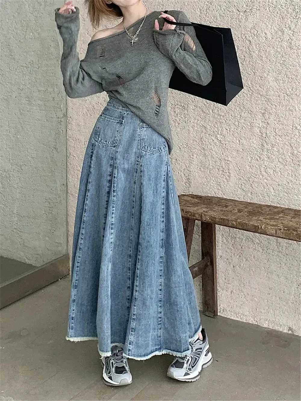 

Y2k Vintage Denim Pleated Skirts For Women Jeans Skirts Pockets A Line Botton Zipper Large High Waist Midi Long Skirts Female