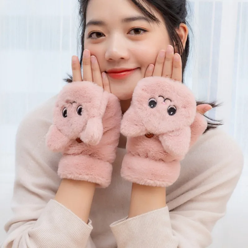 

Fashion Women Plush Warm Glove Fur Rabbit Cat Mittens Flip Fingerless Gloves Soft Girls Thick Flexible Half Finger Winter Gloves