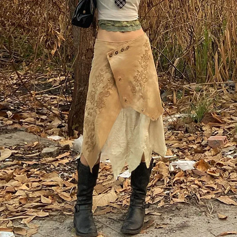 

Women Skirts Khaki Patchwork Printed Irregular Mid Length Skirt Design Sense Fashion Trend Low Waisted Half Skirt Lady's Clothes