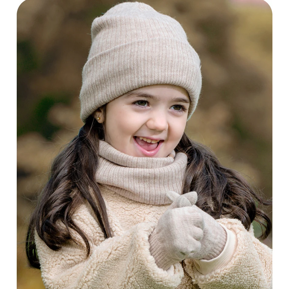 3pcs Winter Set for Children Knit Striped Beanies Kids Scarf Double Layer Plush Lining Winter Hat Snood Gloves Set for Girl Boy