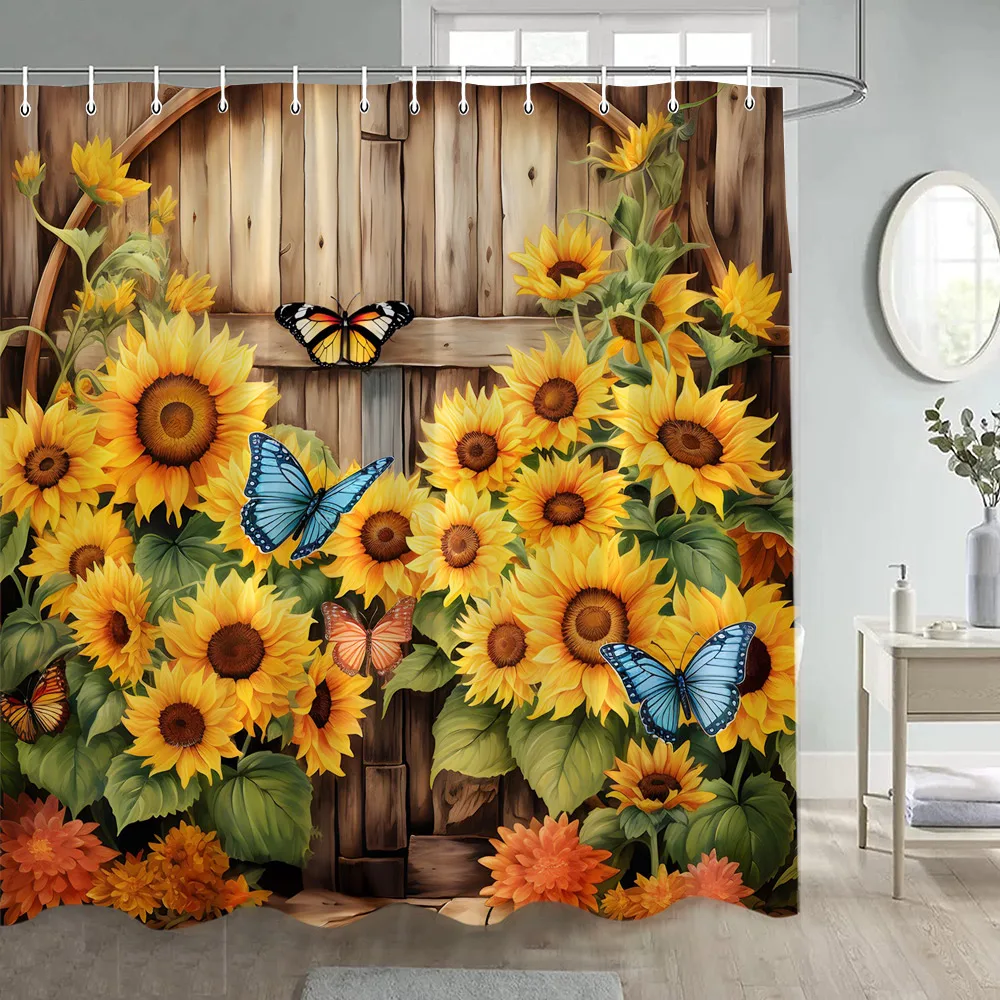 

Занавеска для душа в деревенском стиле с подсолнухами, синяя бабочка, осенние цветочные растения, сарай, деревянные двери, шторы для ванной из полиэстера, декор для ванной комнаты