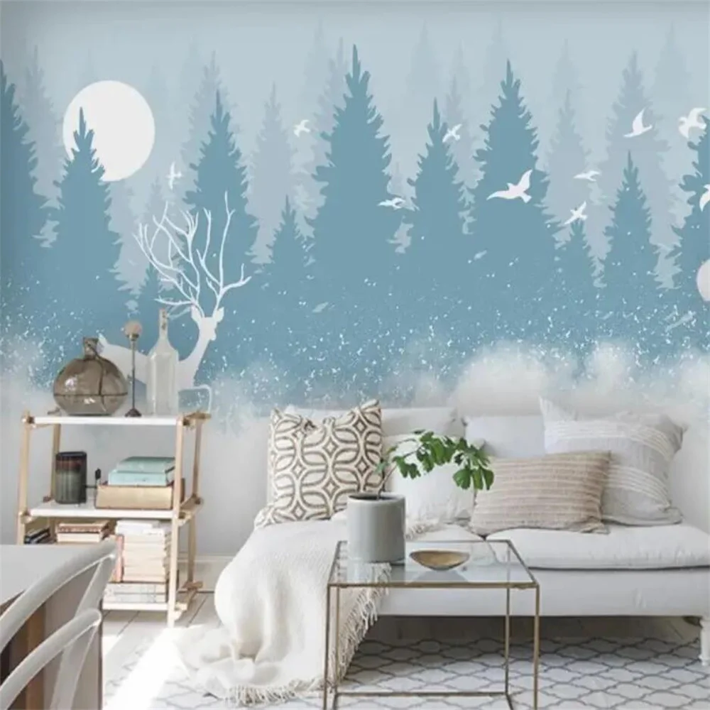 Custom birch tree forest scenery winter decorative papel de parede 3d wall paper panels photos murals wallpaper home decoration