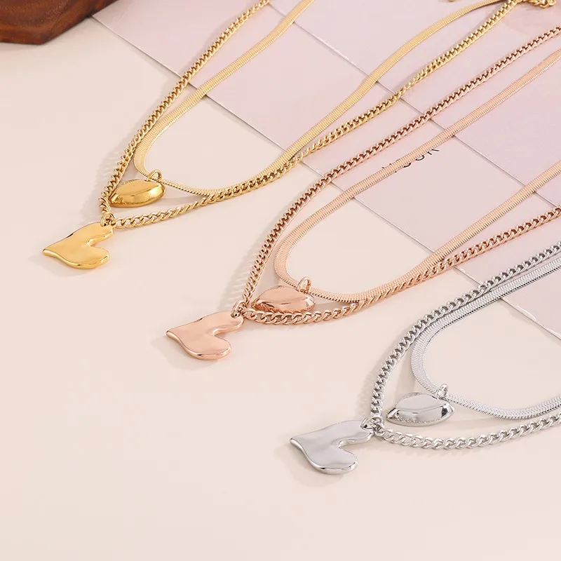 

Elegant Double Chain Heart Pendant Necklace For Female Gold Silver Rose-gold Color Stainless Steel Collarbone Chain Jewelry Gift