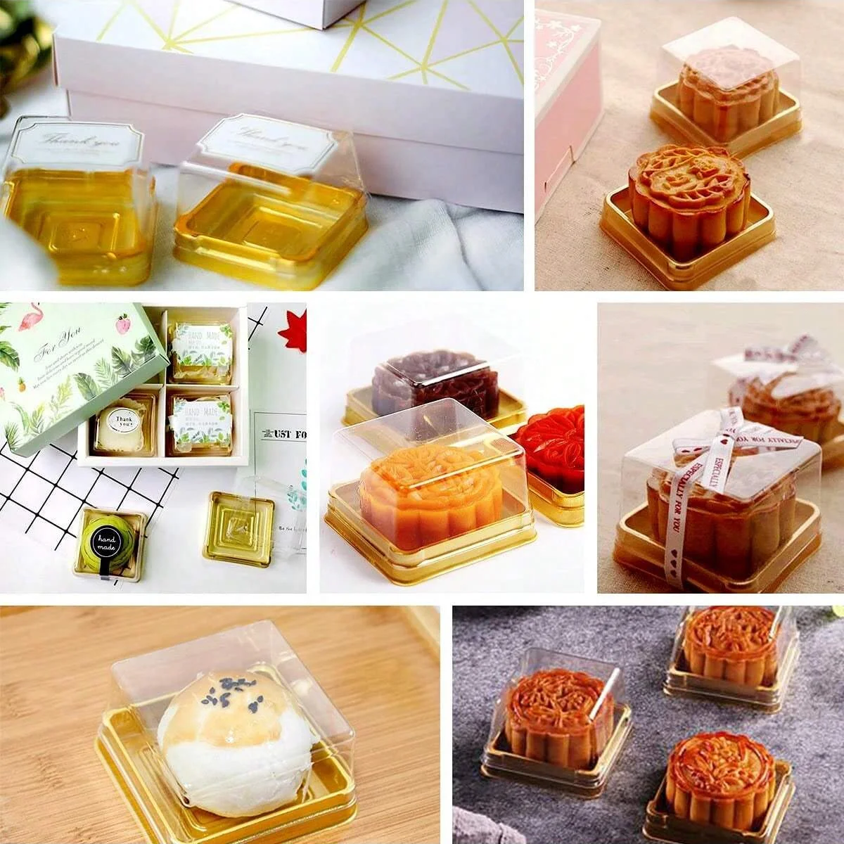 Zezzxu Confezione da 50 mini contenitori per torte, in plastica trasparente, piccoli contenitori per cupcake con coperchio a cupola, per biscotti ricoperti di cioccolato, fragola, Mooncake (oro