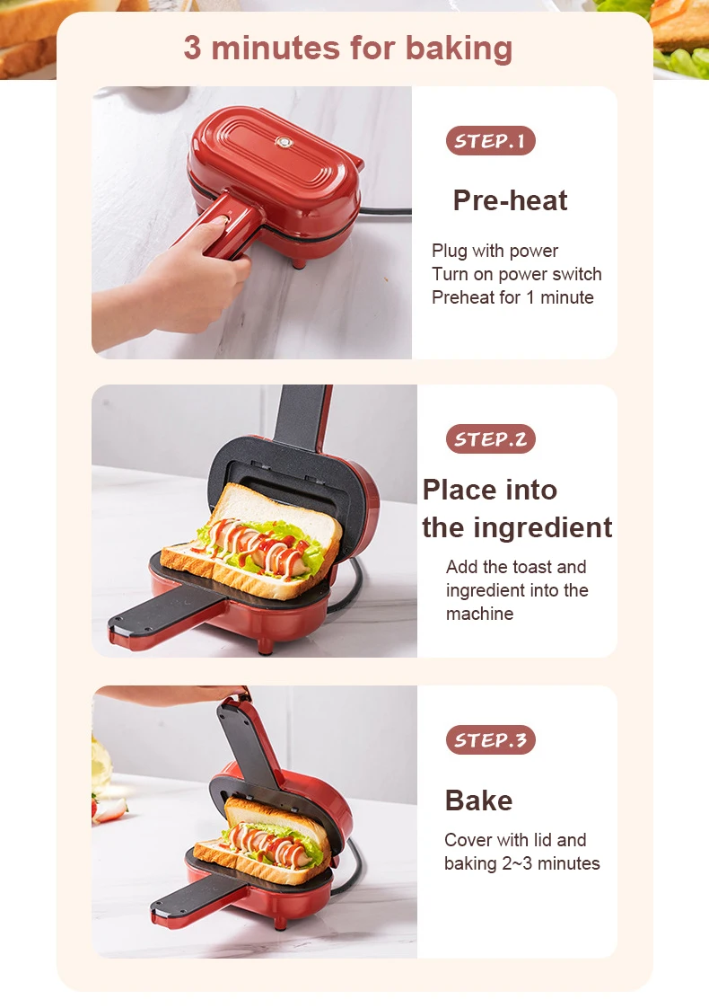 Description Picture 6 of itemDouble-Sided Seal Press Sandwich Machine Mini Taco Burrito Baking Pan Grill Breakfast Maker Bread Hot Dog Toaster Electric Oven
