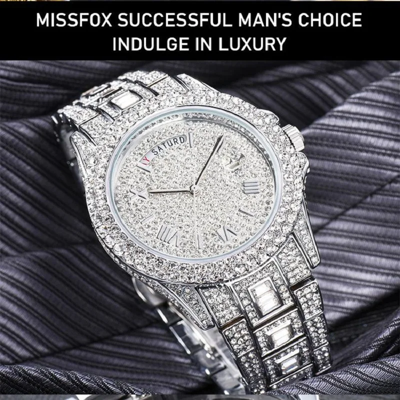 MISSFOX Guldklocka för män Mode Hip Hop Iced Diamond Automatisk kalendervecka Vattentät Quartz Armbandsur Man Reloj_voghion.com
