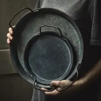 2 Sizes Retro Metal Plate Round Trays With Handle Round Wrought Vintage Storage Bread Serving Tray Handcrafted Home Decor 1