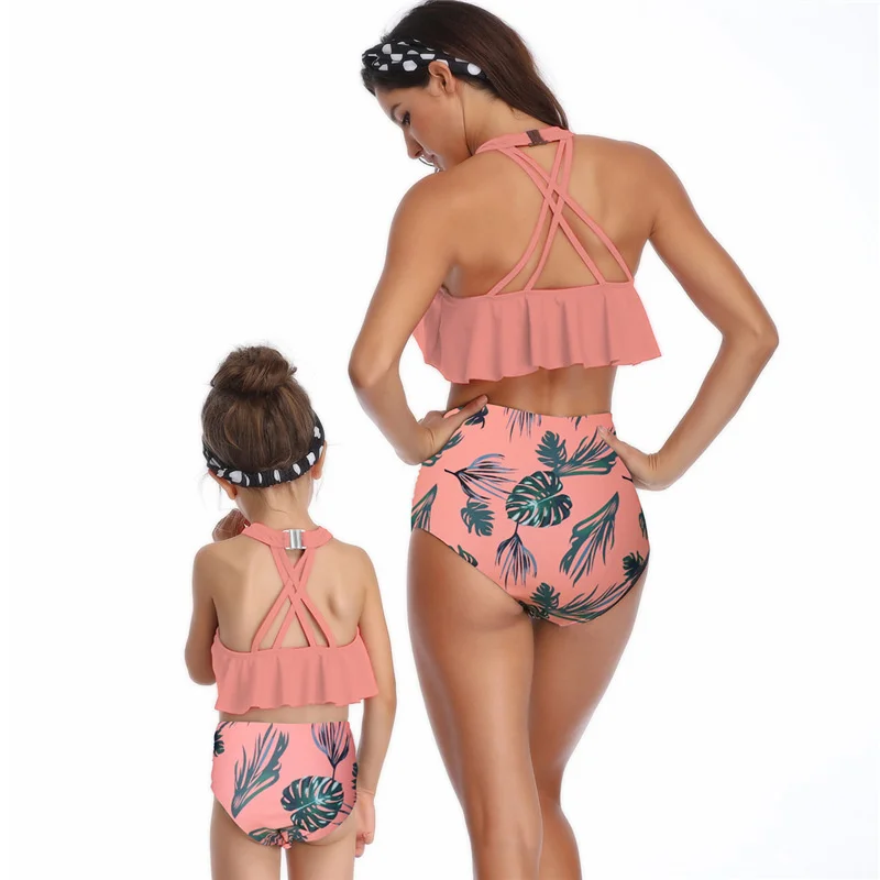 womens bathing suit cover up Flounce Family Matching Swimwear High Waist Family Swimsuit Two-piece Mum Girl Swimsuit Bathing Suit Mother Daughter Swimwear long sleeve beach dress