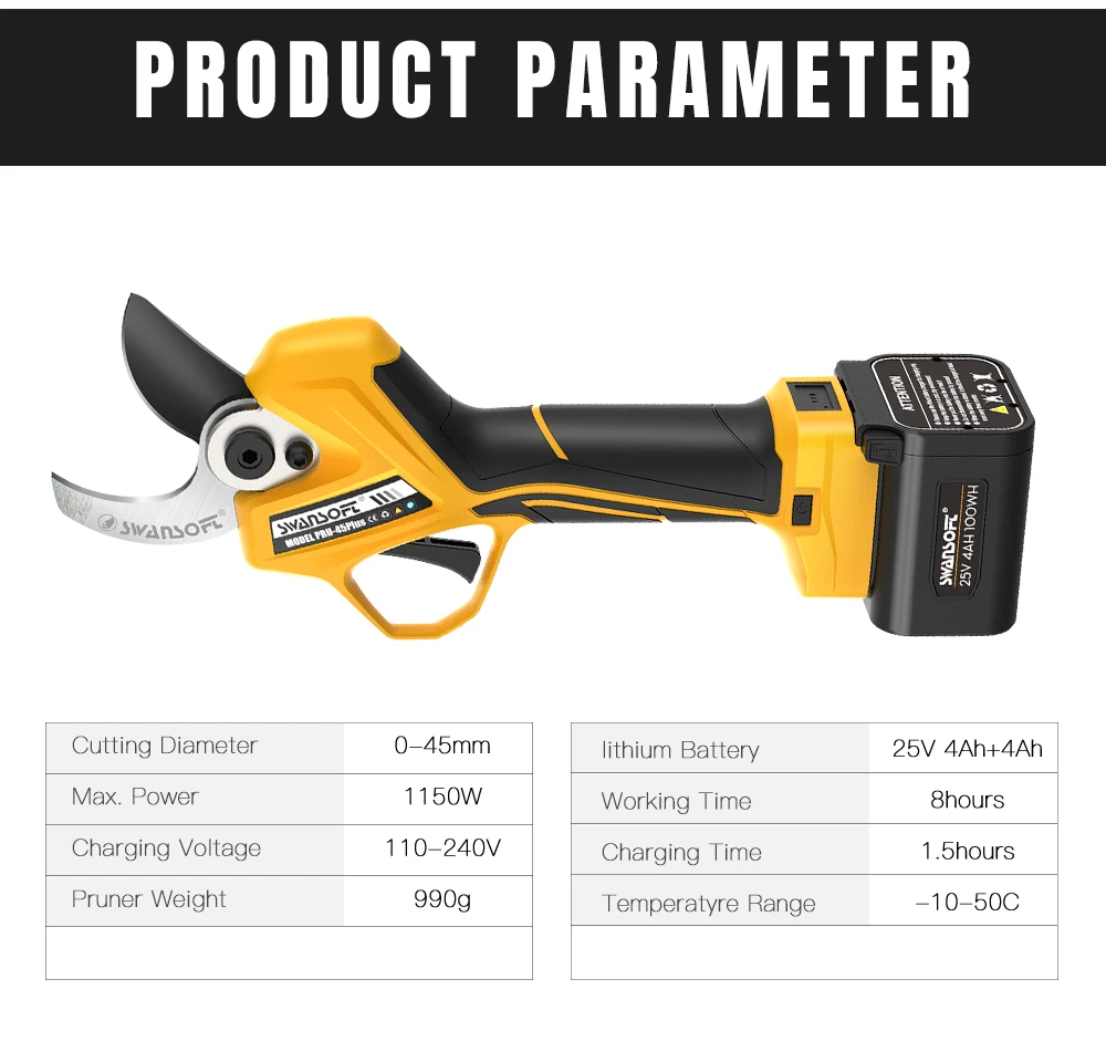 SWANSOFT 1150W Bürstenlose Elektrische Astschere, 0-45mm, 3-Klick-Einstellung, für Kiefern, Oliven, Obstgärten und Dicke Äste PRU45-PLUS – Detail 6