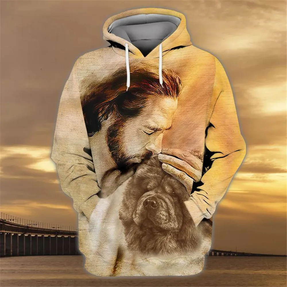 HX Jesus Chow Chow Hoodies 3D Graphic Animals Dogs Hoodie Fashion Pets Pocket Sweatshirts Pullovers Harajuku Streetwear