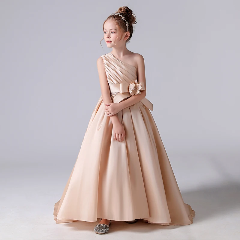 Dideyttawl Champagne Satin Flower Girl Dresses One Shoulder Girl Wedding Party Dress Ball Gown Girl Princess Dress Formal Dress