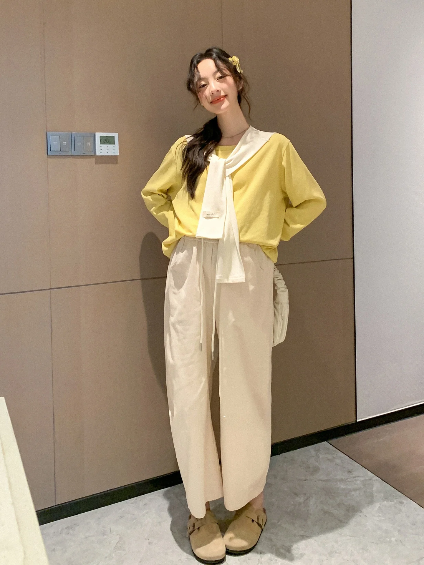 노추 한국 스타일 드로스트링 임산부 와이드 레그 팬츠 봄 가을 배꼽 지지 루즈 스트레이트 슬리밍 배 가리개 캐주얼 팬츠