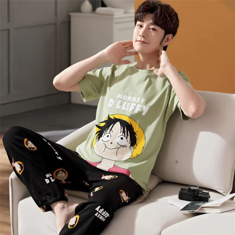 mens pjs Mens Pajamas Set Summer Cartoon Leisure Pyjamas For Boy Monkey Luffyed Anime 2Pack Pijama Home Nightwear Plus 4XL 5XL 2022 Hot cotton short pyjamas