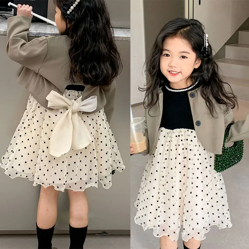 Autumn and Spring Arrival Cartoon Goose and Polka Dots Pattern Long Sleeves Dress for Stylish Girls