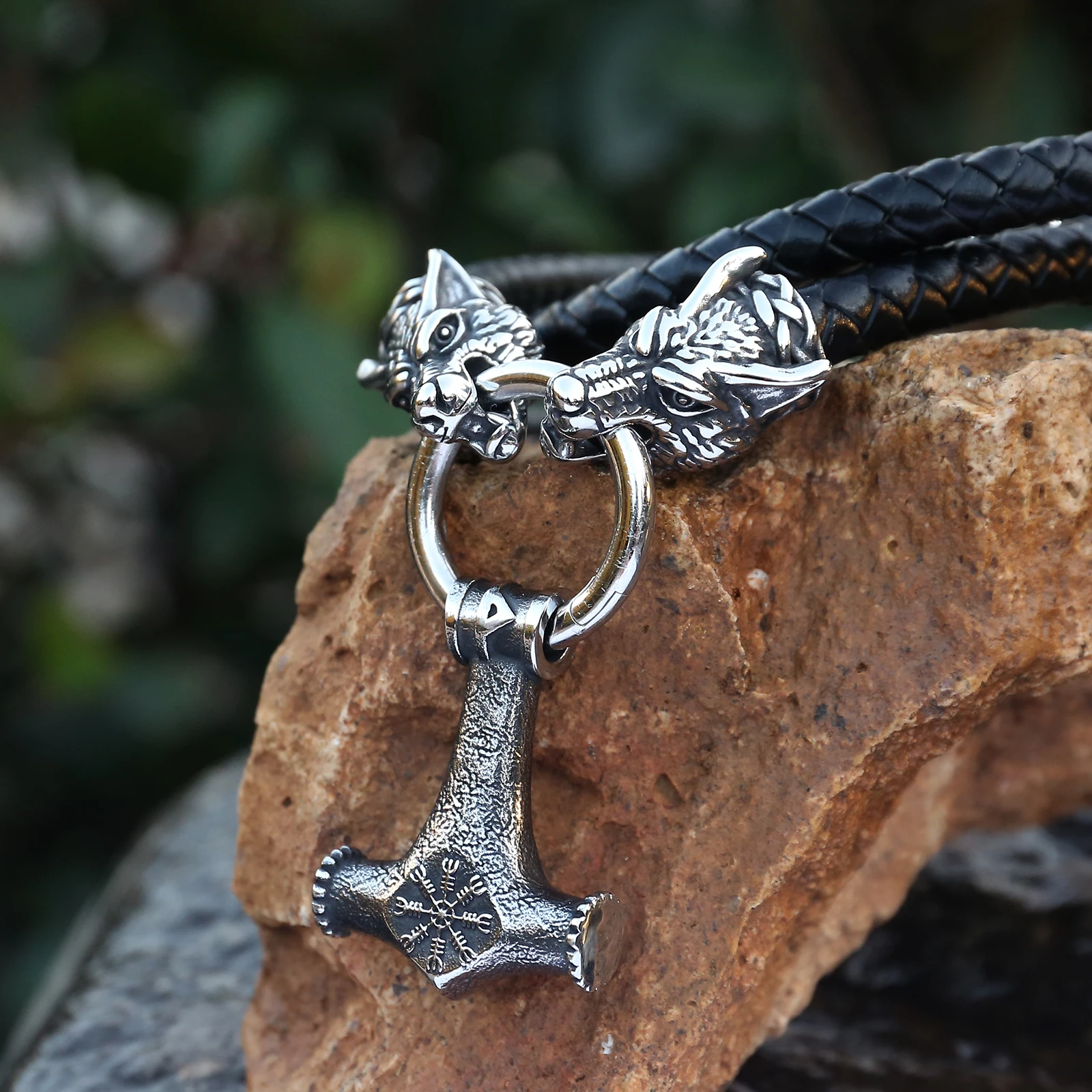 Stainless Steel Wolf Heads Thor's Hammer Pendant Black Genuine Leather Chain